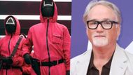Squid Game and David Fincher | Image via Netflix and Photo by Richard Goldsch and Alamy